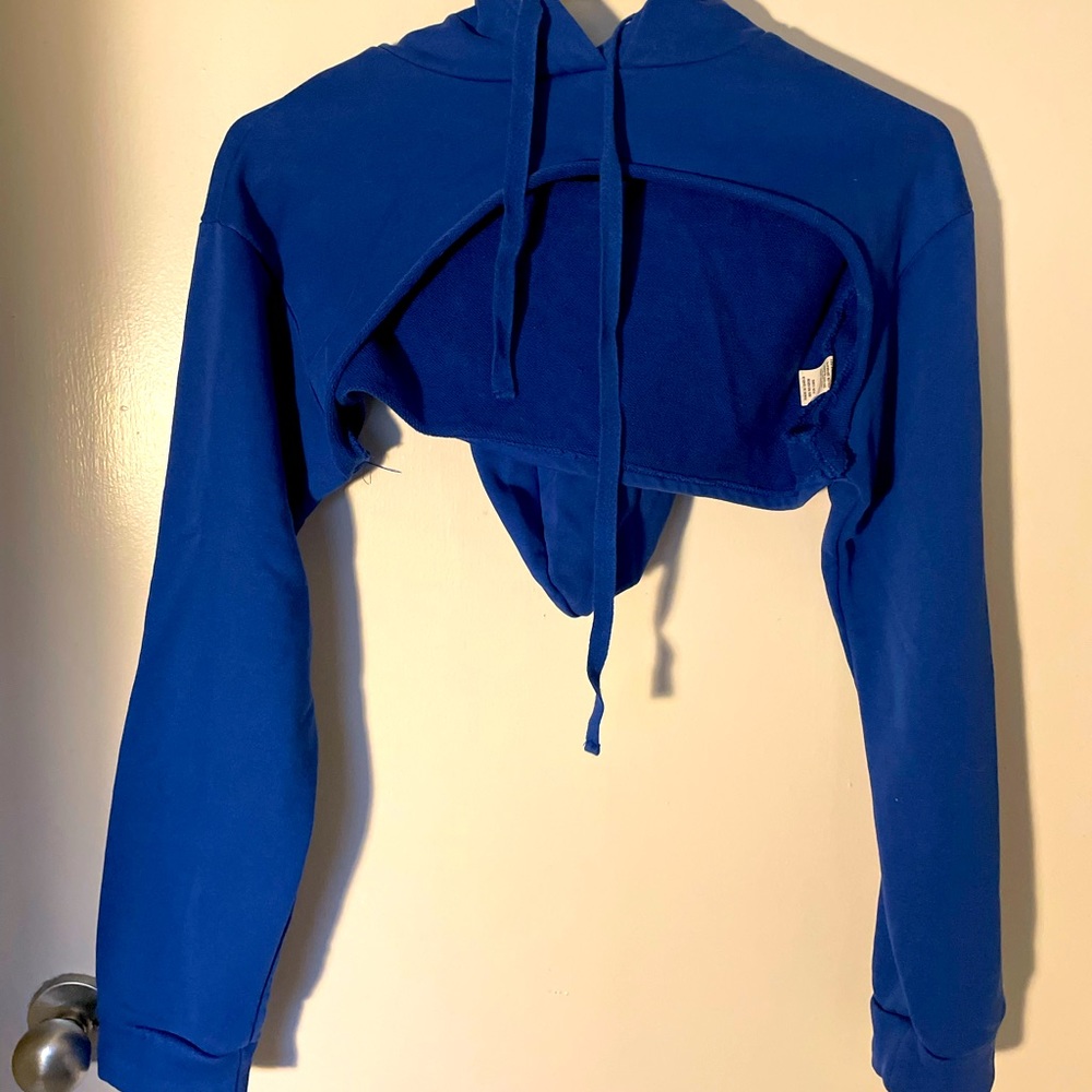 High crop blue hoodie.